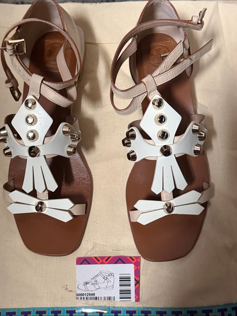 Tory Burch Women's Beige and White Studded Leather Sandals